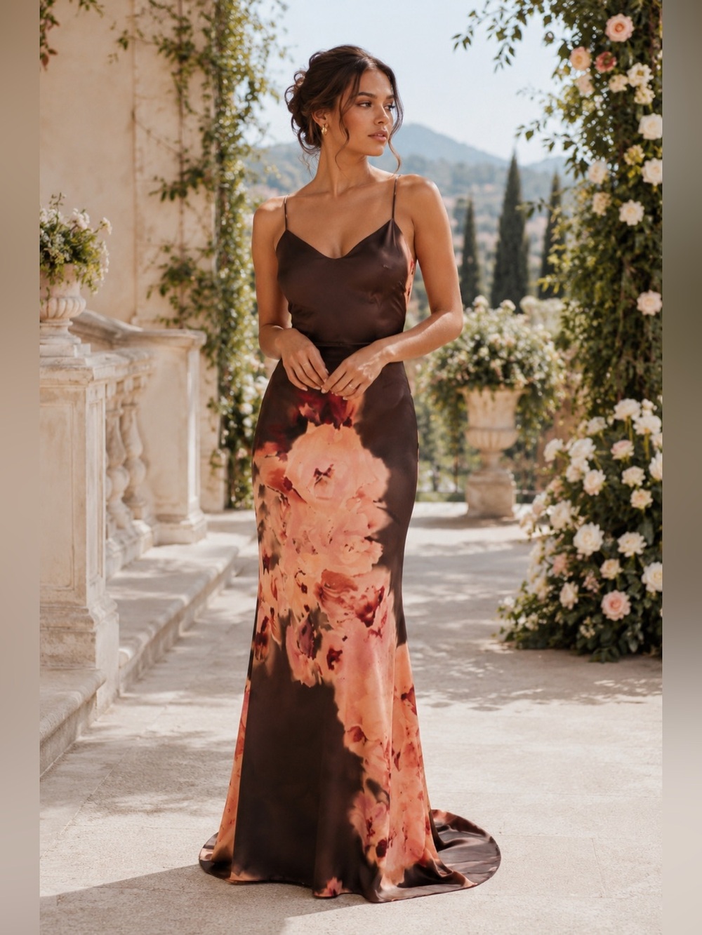 House of CB Mariamma Dark Brown Floral Printed Satin Maxi Dress